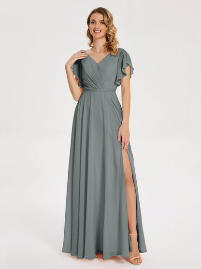 Kate V-neck Pleats Chiffon Bridesmaid Dress with Ruffles