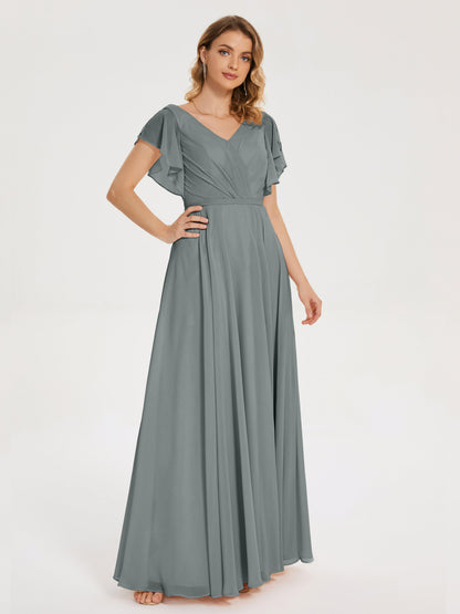 Kate V-neck Pleats Chiffon Bridesmaid Dress with Ruffles
