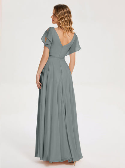 Kate V-neck Pleats Chiffon Bridesmaid Dress with Ruffles