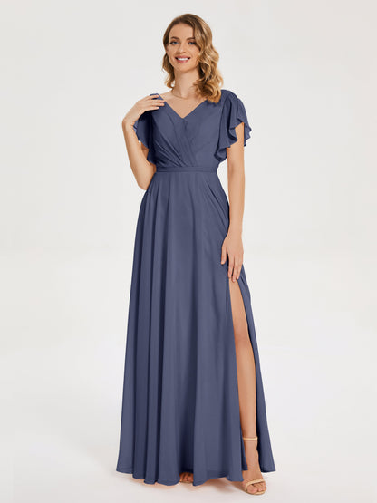 Kate V-neck Pleats Chiffon Bridesmaid Dress with Ruffles