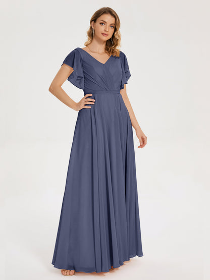 Kate V-neck Pleats Chiffon Bridesmaid Dress with Ruffles