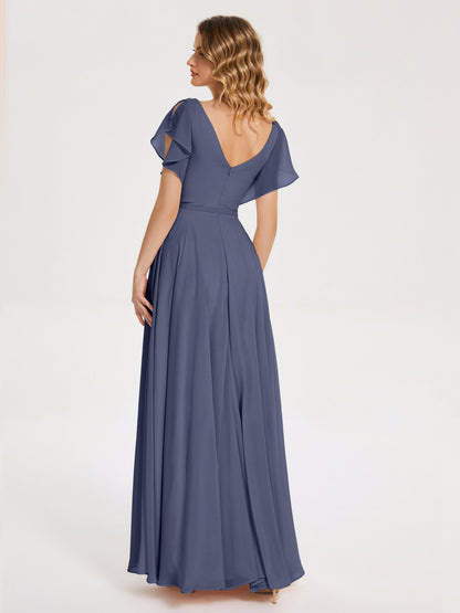 Kate V-neck Pleats Chiffon Bridesmaid Dress with Ruffles