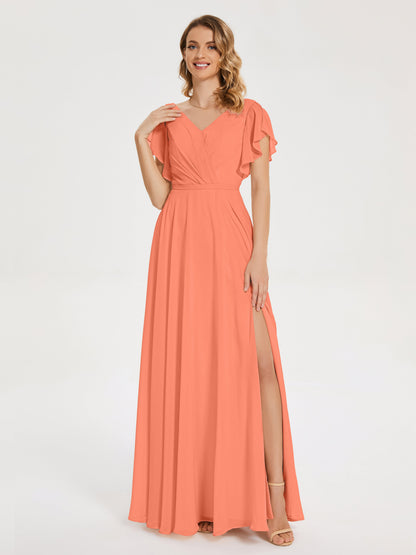 Kate V-neck Pleats Chiffon Bridesmaid Dress with Ruffles