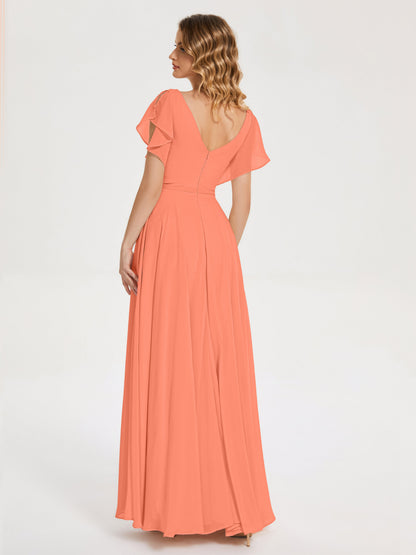 Kate V-neck Pleats Chiffon Bridesmaid Dress with Ruffles