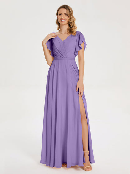 Kate V-neck Pleats Chiffon Bridesmaid Dress with Ruffles
