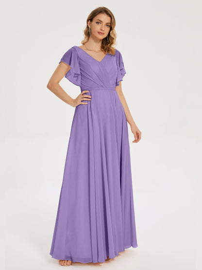 Kate V-neck Pleats Chiffon Bridesmaid Dress with Ruffles