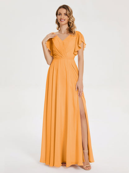 Kate V-neck Pleats Chiffon Bridesmaid Dress with Ruffles