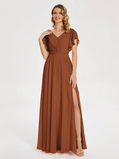 Kate V-neck Pleats Chiffon Bridesmaid Dress with Ruffles