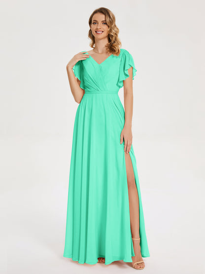 Kate V-neck Pleats Chiffon Bridesmaid Dress with Ruffles