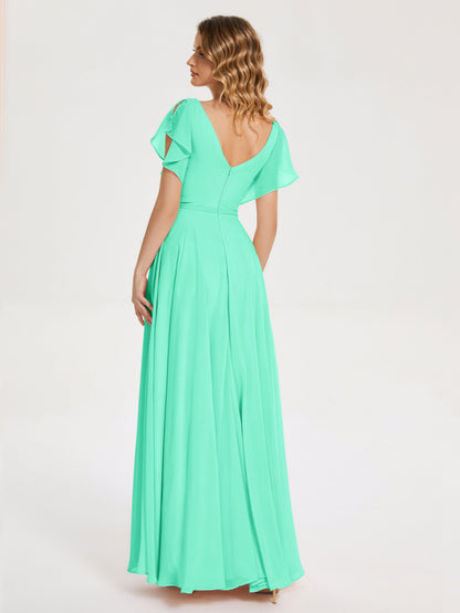 Kate V-neck Pleats Chiffon Bridesmaid Dress with Ruffles