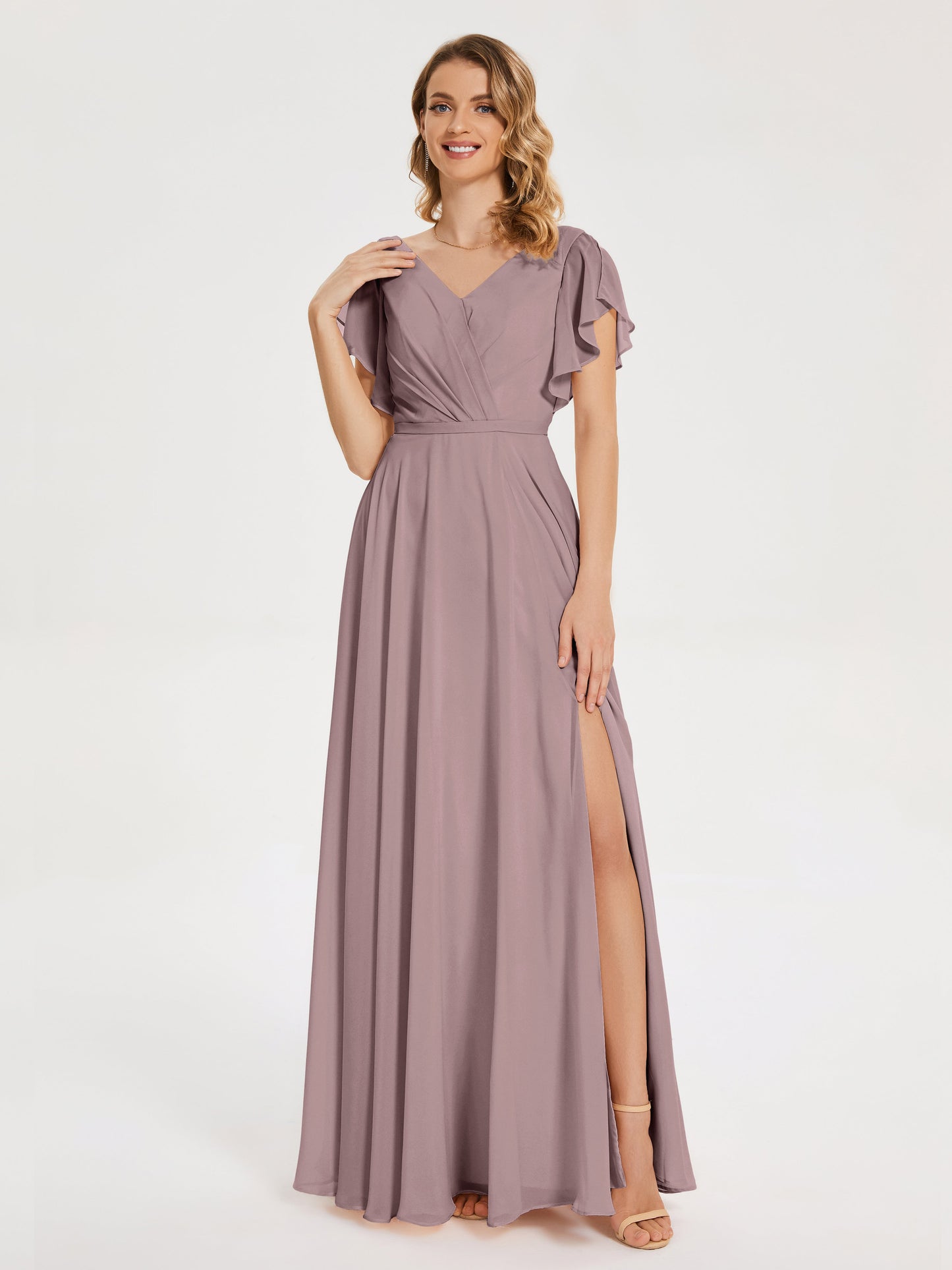 Kate V-neck Pleats Chiffon Bridesmaid Dress with Ruffles