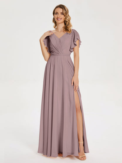 Kate V-neck Pleats Chiffon Bridesmaid Dress with Ruffles