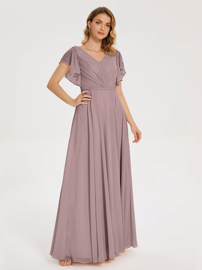 Kate V-neck Pleats Chiffon Bridesmaid Dress with Ruffles