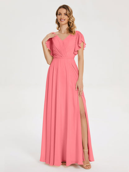 Kate V-neck Pleats Chiffon Bridesmaid Dress with Ruffles