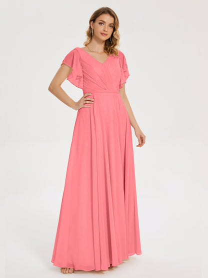 Kate V-neck Pleats Chiffon Bridesmaid Dress with Ruffles