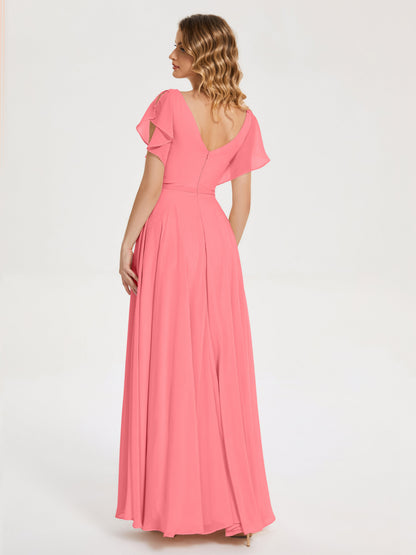 Kate V-neck Pleats Chiffon Bridesmaid Dress with Ruffles