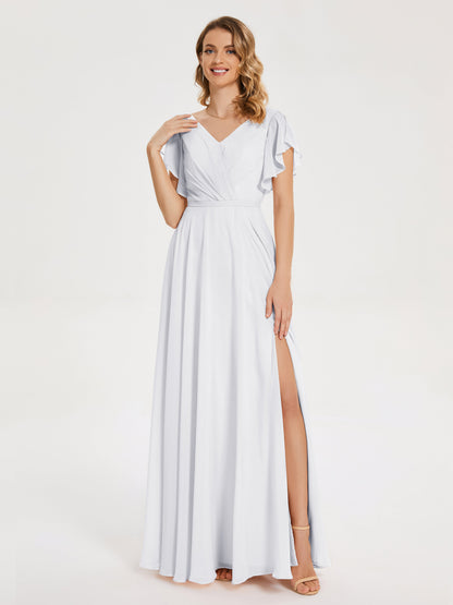 Kate V-neck Pleats Chiffon Bridesmaid Dress with Ruffles