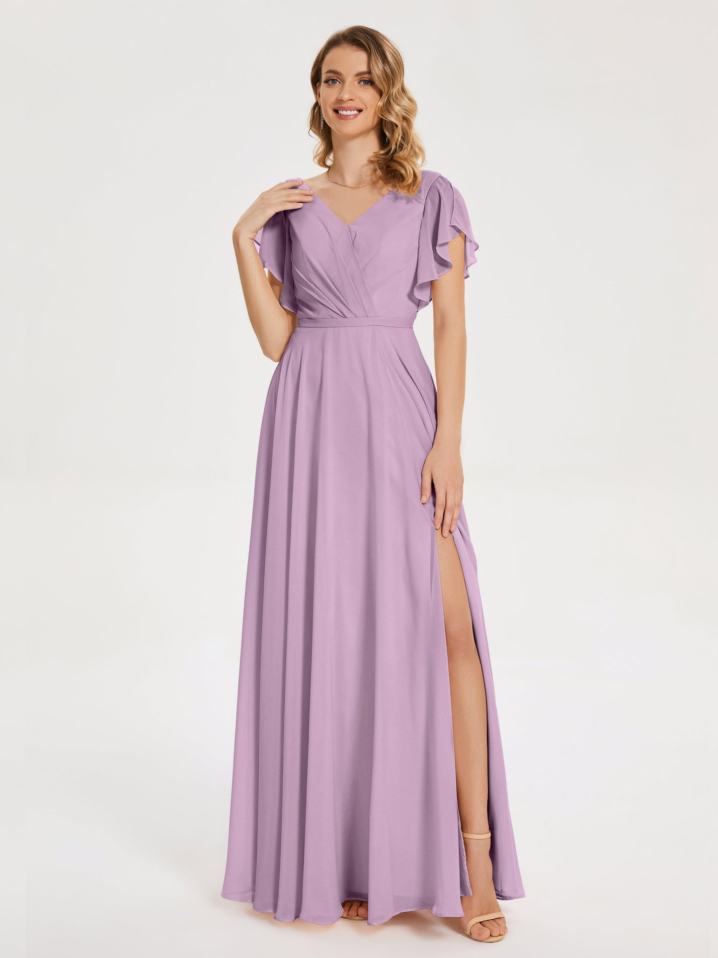 Kate V-neck Pleats Chiffon Bridesmaid Dress with Ruffles