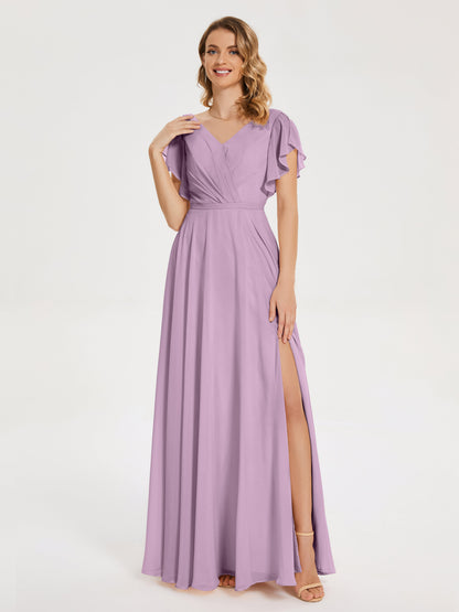 Kate V-neck Pleats Chiffon Bridesmaid Dress with Ruffles