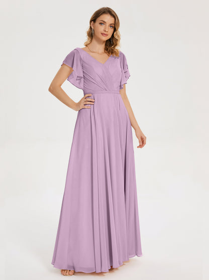 Kate V-neck Pleats Chiffon Bridesmaid Dress with Ruffles