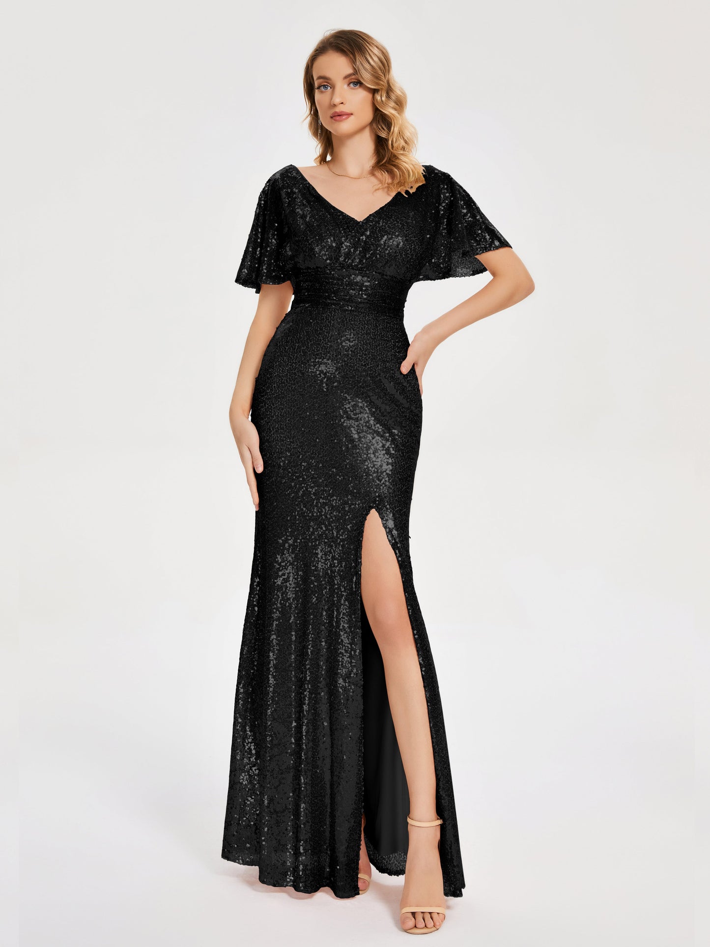 Gabrielle V-neck Short Sleeves Sequins Bridesmaid Dress with Slit