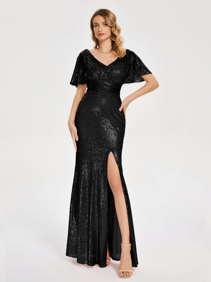 Gabrielle V-neck Short Sleeves Sequins Bridesmaid Dress with Slit