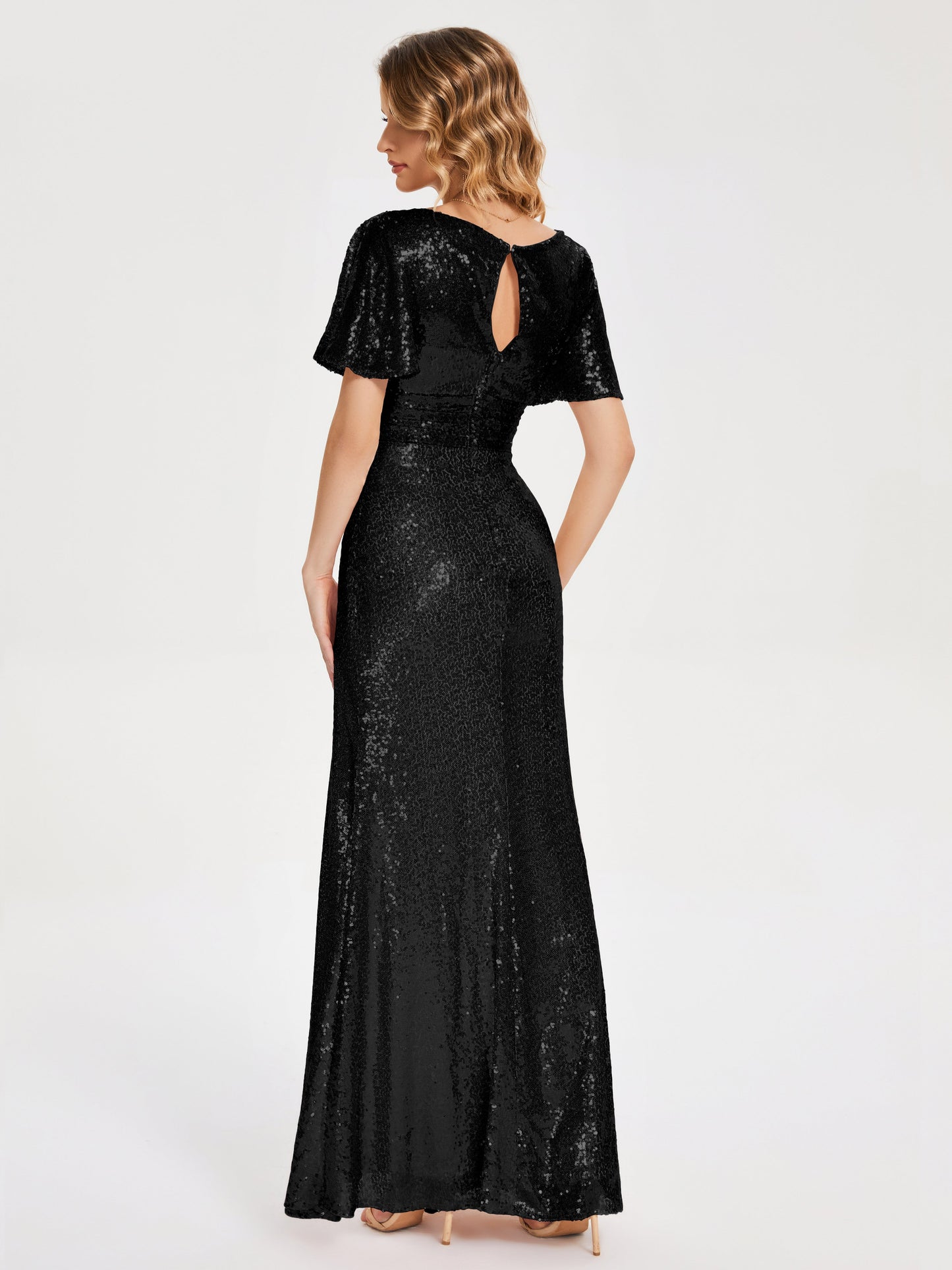 Gabrielle V-neck Short Sleeves Sequins Bridesmaid Dress with Slit
