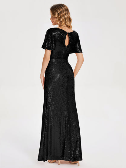 Gabrielle V-neck Short Sleeves Sequins Bridesmaid Dress with Slit
