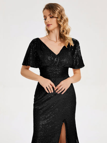 Gabrielle V-neck Short Sleeves Sequins Bridesmaid Dress with Slit