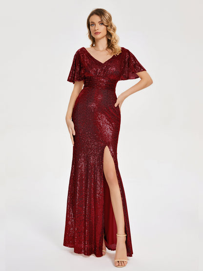 Gabrielle V-neck Short Sleeves Sequins Bridesmaid Dress with Slit