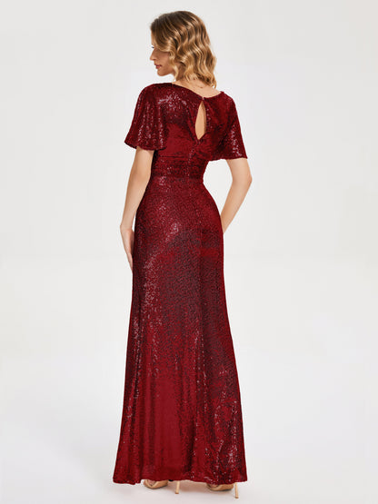 Gabrielle V-neck Short Sleeves Sequins Bridesmaid Dress with Slit
