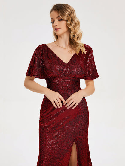 Gabrielle V-neck Short Sleeves Sequins Bridesmaid Dress with Slit