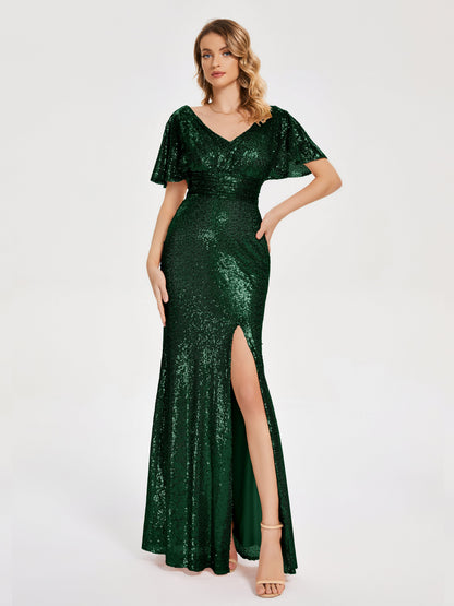 Gabrielle V-neck Short Sleeves Sequins Bridesmaid Dress with Slit