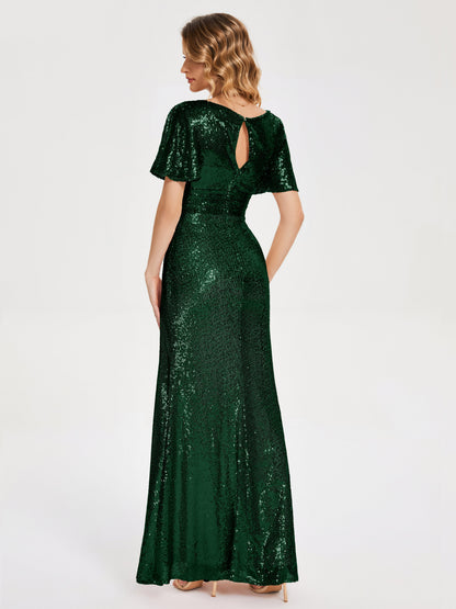 Gabrielle V-neck Short Sleeves Sequins Bridesmaid Dress with Slit
