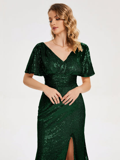 Gabrielle V-neck Short Sleeves Sequins Bridesmaid Dress with Slit