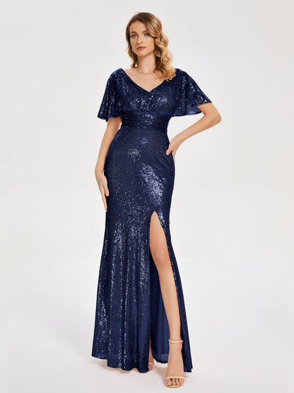 Gabrielle V-neck Short Sleeves Sequins Bridesmaid Dress with Slit