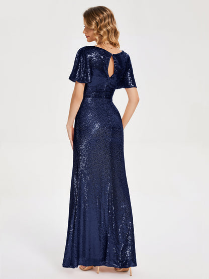 Gabrielle V-neck Short Sleeves Sequins Bridesmaid Dress with Slit