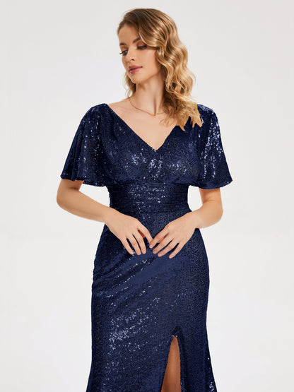Gabrielle V-neck Short Sleeves Sequins Bridesmaid Dress with Slit