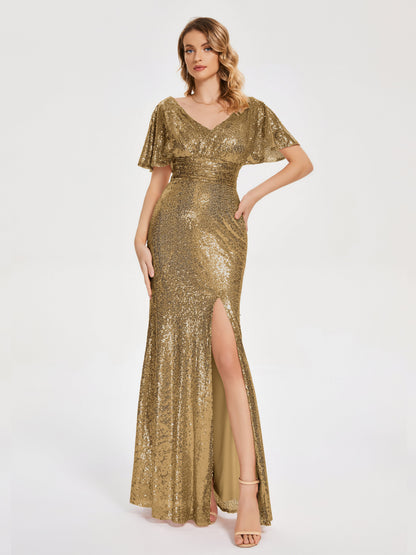 Gabrielle V-neck Short Sleeves Sequins Bridesmaid Dress with Slit