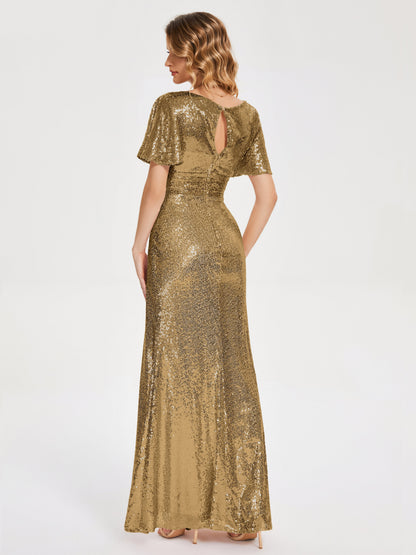 Gabrielle V-neck Short Sleeves Sequins Bridesmaid Dress with Slit
