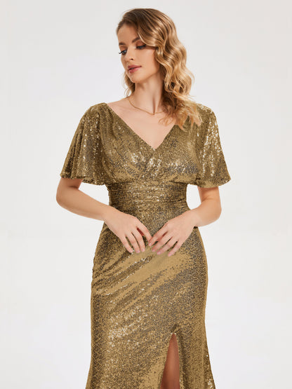 Gabrielle V-neck Short Sleeves Sequins Bridesmaid Dress with Slit