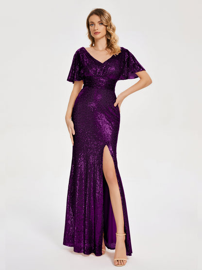 Gabrielle V-neck Short Sleeves Sequins Bridesmaid Dress with Slit