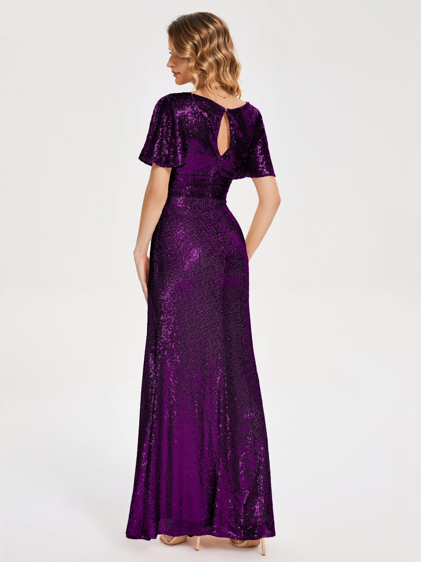 Gabrielle V-neck Short Sleeves Sequins Bridesmaid Dress with Slit