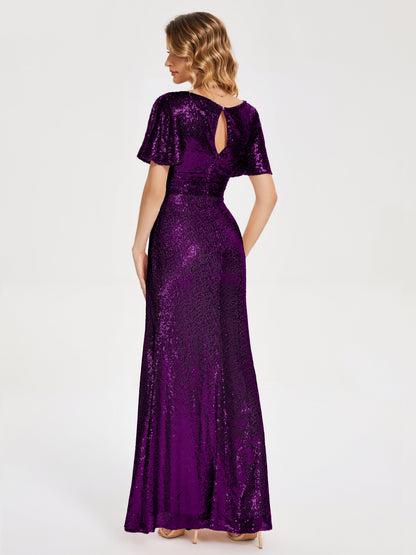 Gabrielle V-neck Short Sleeves Sequins Bridesmaid Dress with Slit