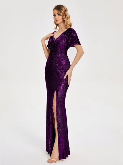 Gabrielle V-neck Short Sleeves Sequins Bridesmaid Dress with Slit