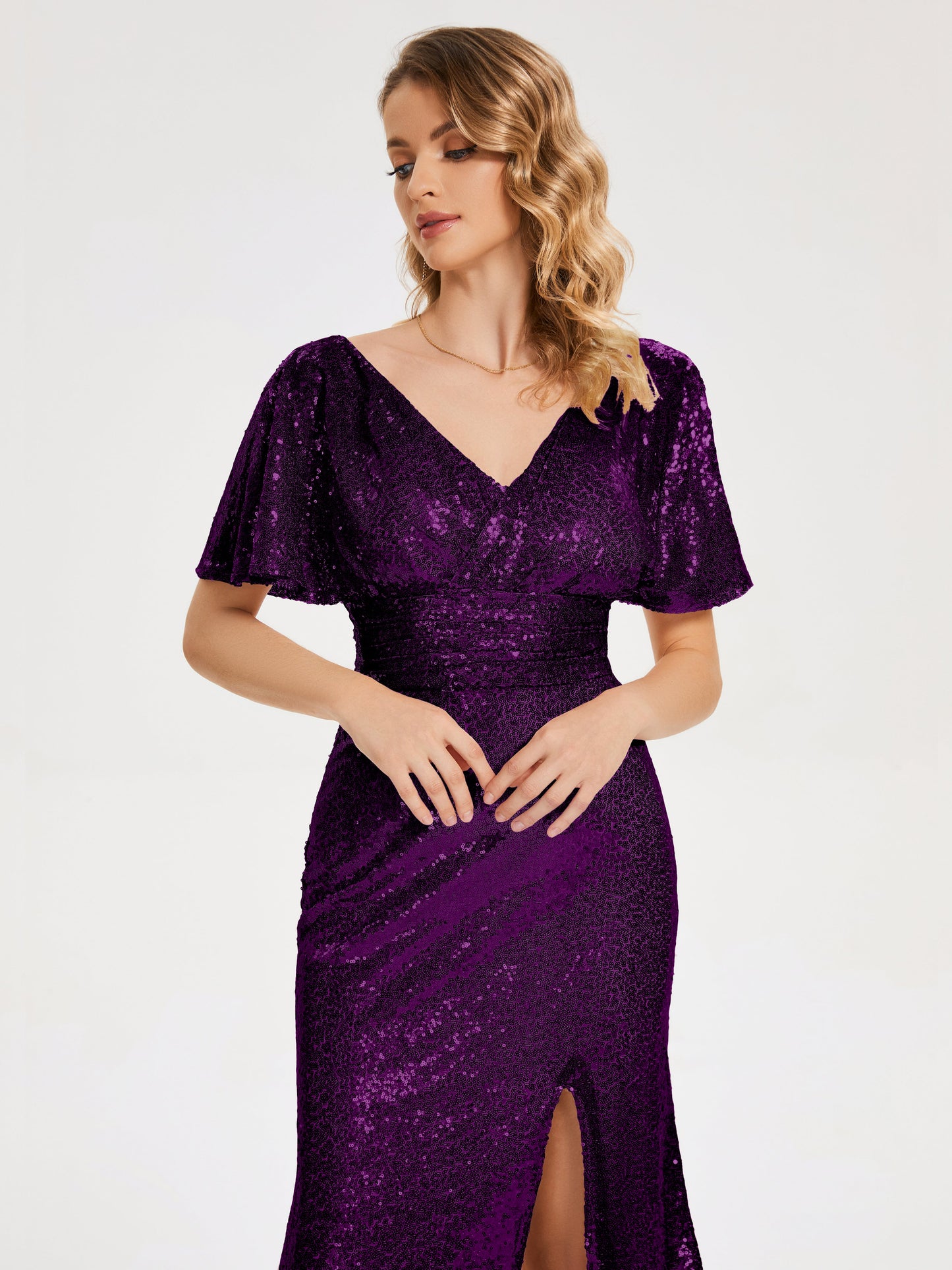 Gabrielle V-neck Short Sleeves Sequins Bridesmaid Dress with Slit