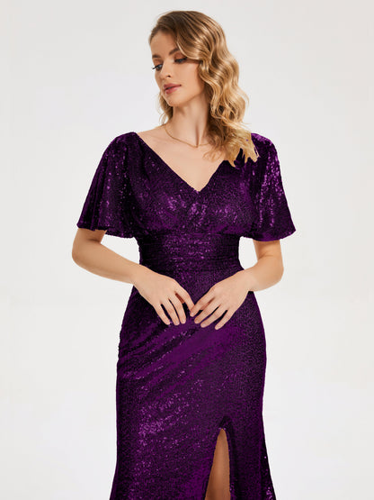 Gabrielle V-neck Short Sleeves Sequins Bridesmaid Dress with Slit