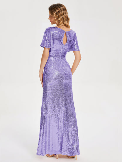 Gabrielle V-neck Short Sleeves Sequins Bridesmaid Dress with Slit