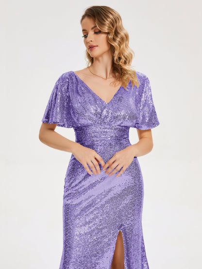 Gabrielle V-neck Short Sleeves Sequins Bridesmaid Dress with Slit
