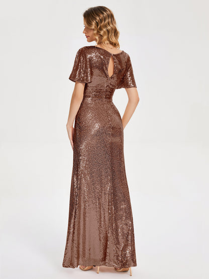 Gabrielle V-neck Short Sleeves Sequins Bridesmaid Dress with Slit